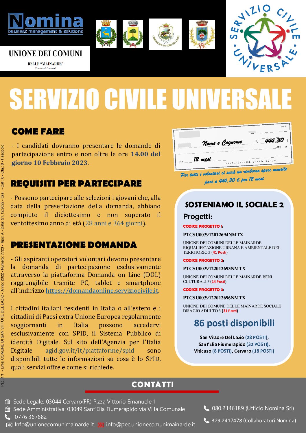 BANDO SERVIZIO CIVILE UNIVERSALE 2022 San Vittore Del Lazio