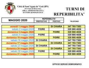 Turno di reperibilità dell'ufficio demografico MAGGIO 2020