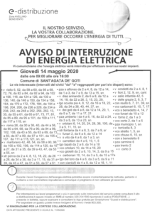 AVVISI ALLA CITTADINANZA - Interruzione ENERGIA ELETTRICA per il 14/05