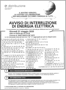 AVVISI ALLA CITTADINANZA – Interruzione ENERGIA ELETTRICA per il 21/05