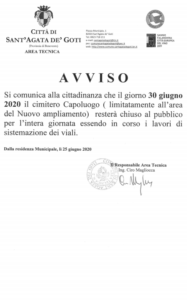 AVVISI ALLA CITTADINANZA - Chiusura del Cimitero Capoluogo per il 30/06/2020