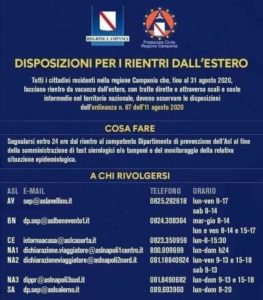 Regione Campania disposizioni rientri dall'estero